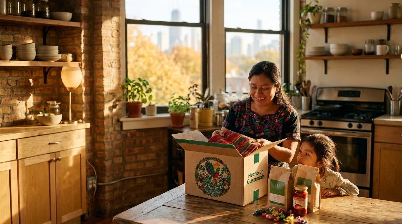 Cocina en Chicago con una caja de Guatemala con el emblema oficial y la etiqueta Hecho en Guatemala