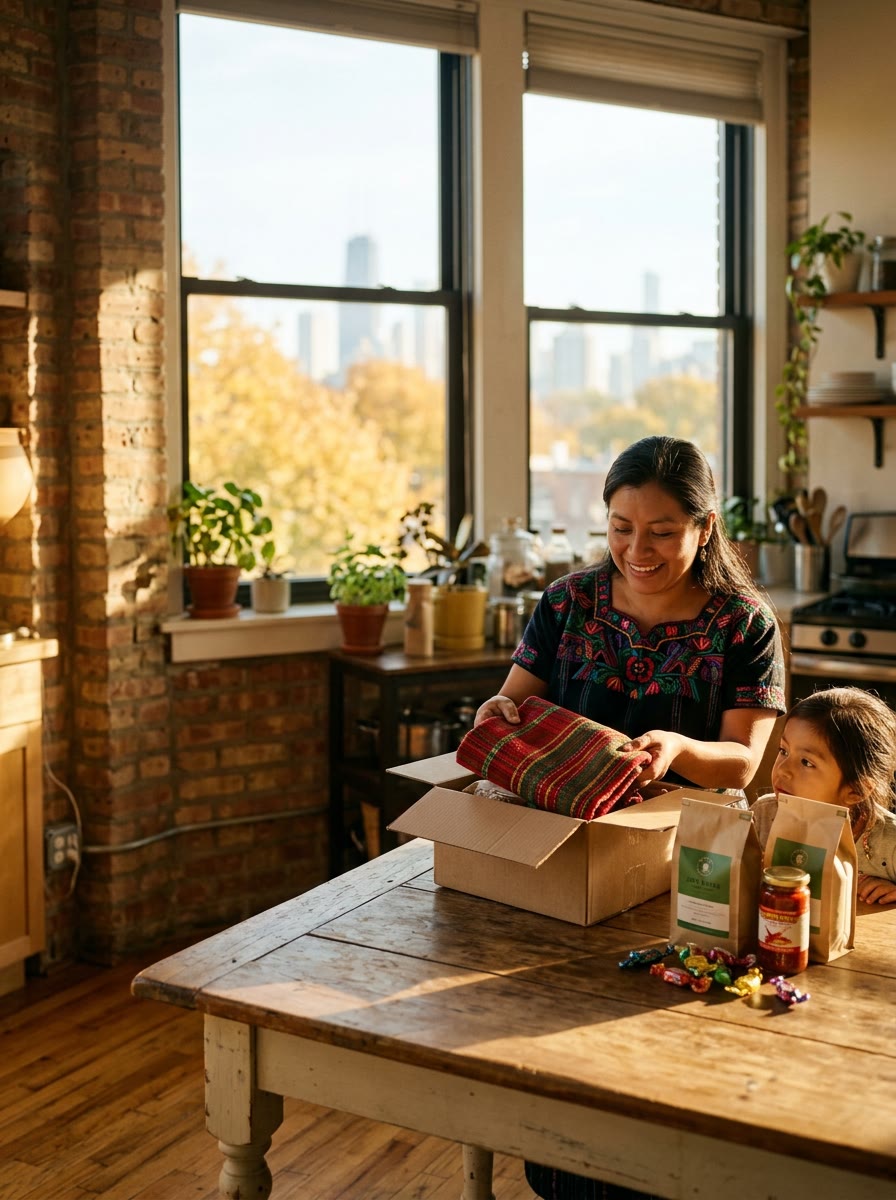Una mamá y su hija desempacan café, salsa y dulces de Guatemala en su cocina