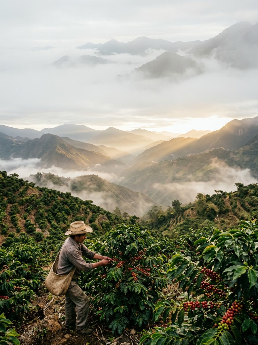 Cafetal entre montañas y neblina en Huehuetenango, con un caficultor cosechando cerezas rojas
