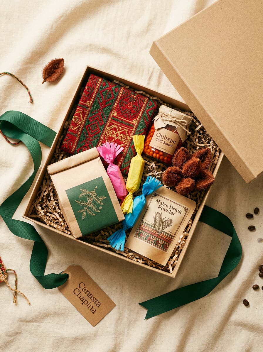 Canasta Chapina abierta con café, dulces típicos, salsa y un textil de huipil
